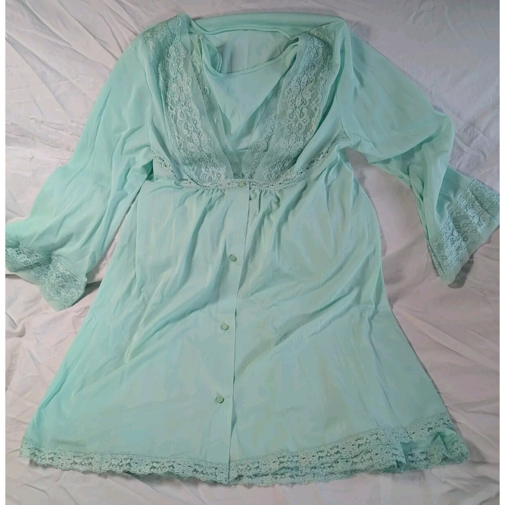 Gilead Peignoir Set Nightgown & Robe Seafoam Green Lacey W/Slippers Vintage